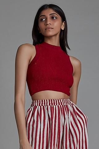 red cotton handwoven smocked top