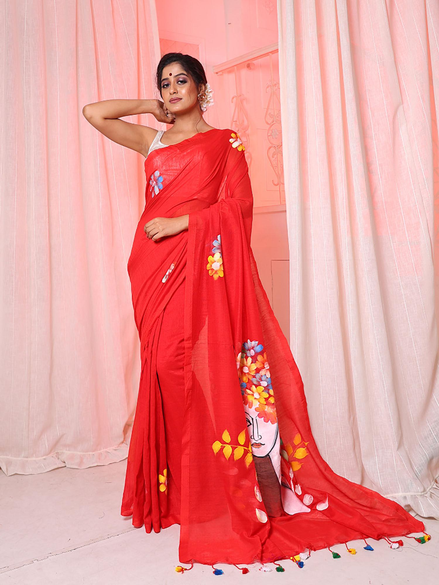 red cotton handwoven soft saree with figure print & unstitched blouse