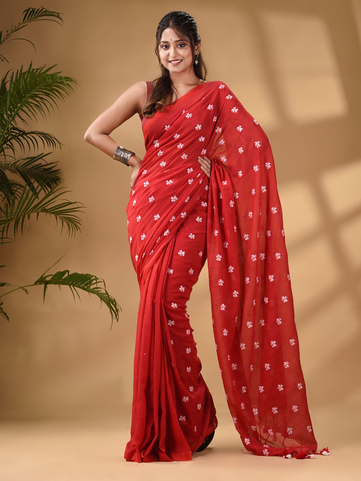 red cotton handwoven soft saree with unstitched blouse