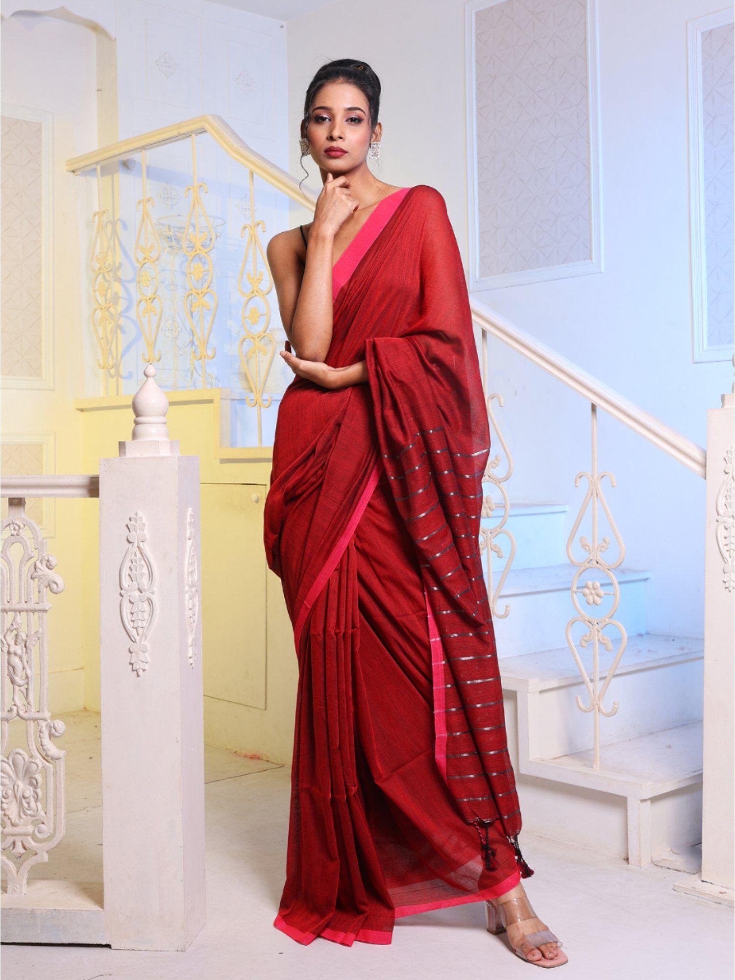 red cotton handwoven soft saree with unstitched blouse