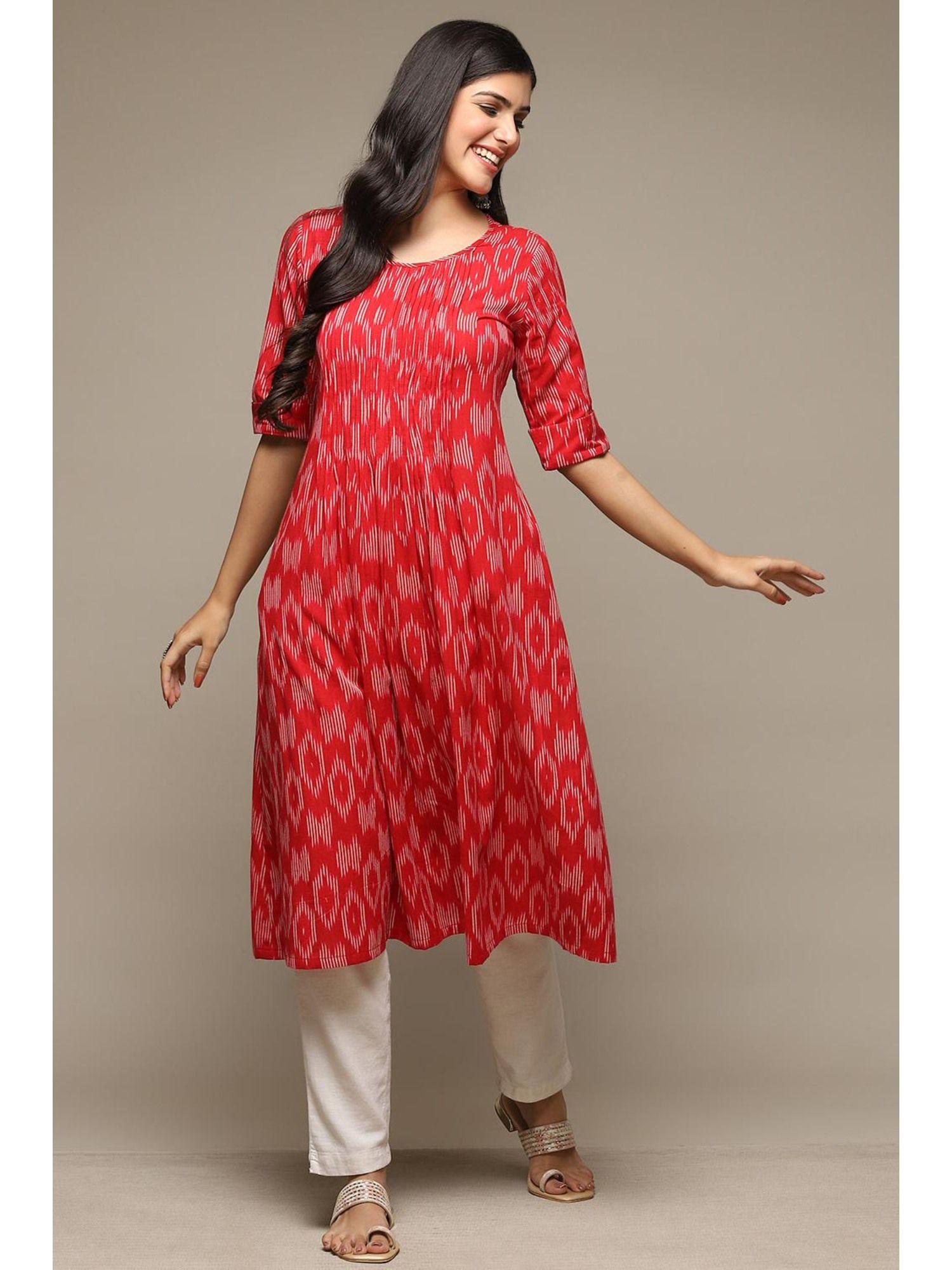 red cotton ikat straight yarndyed kurta