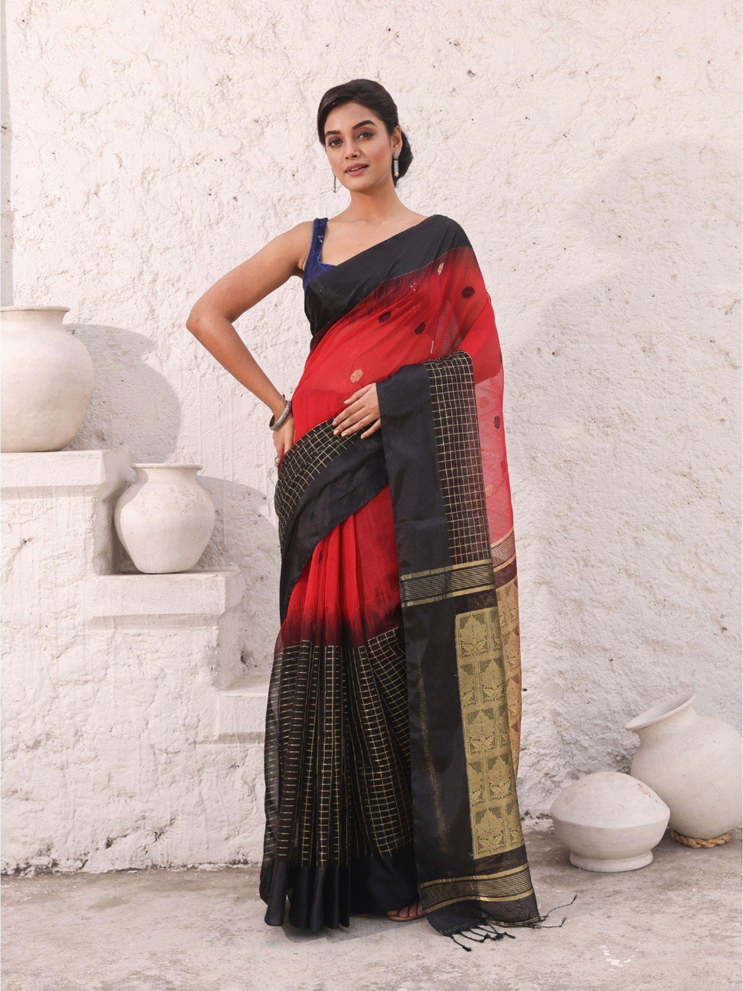 red cotton ikkat style soft saree with unstitched blouse