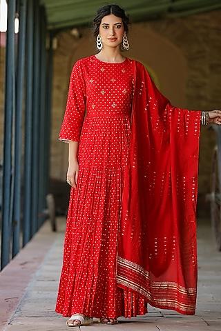 red cotton jacquard embellished tiered dress with dupatta