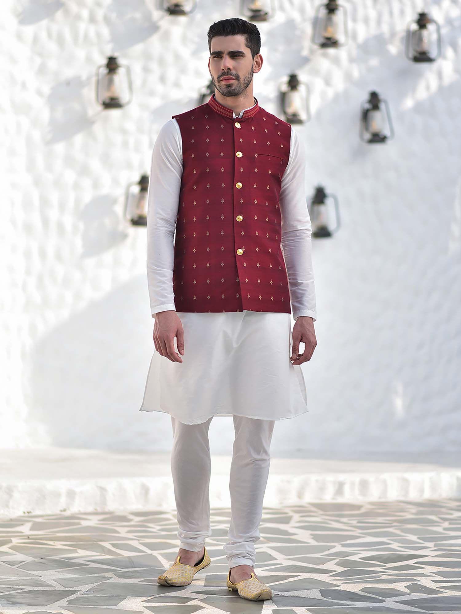 red cotton jacquard woven nehru jacket with kurta & churidar for men (set of 3)