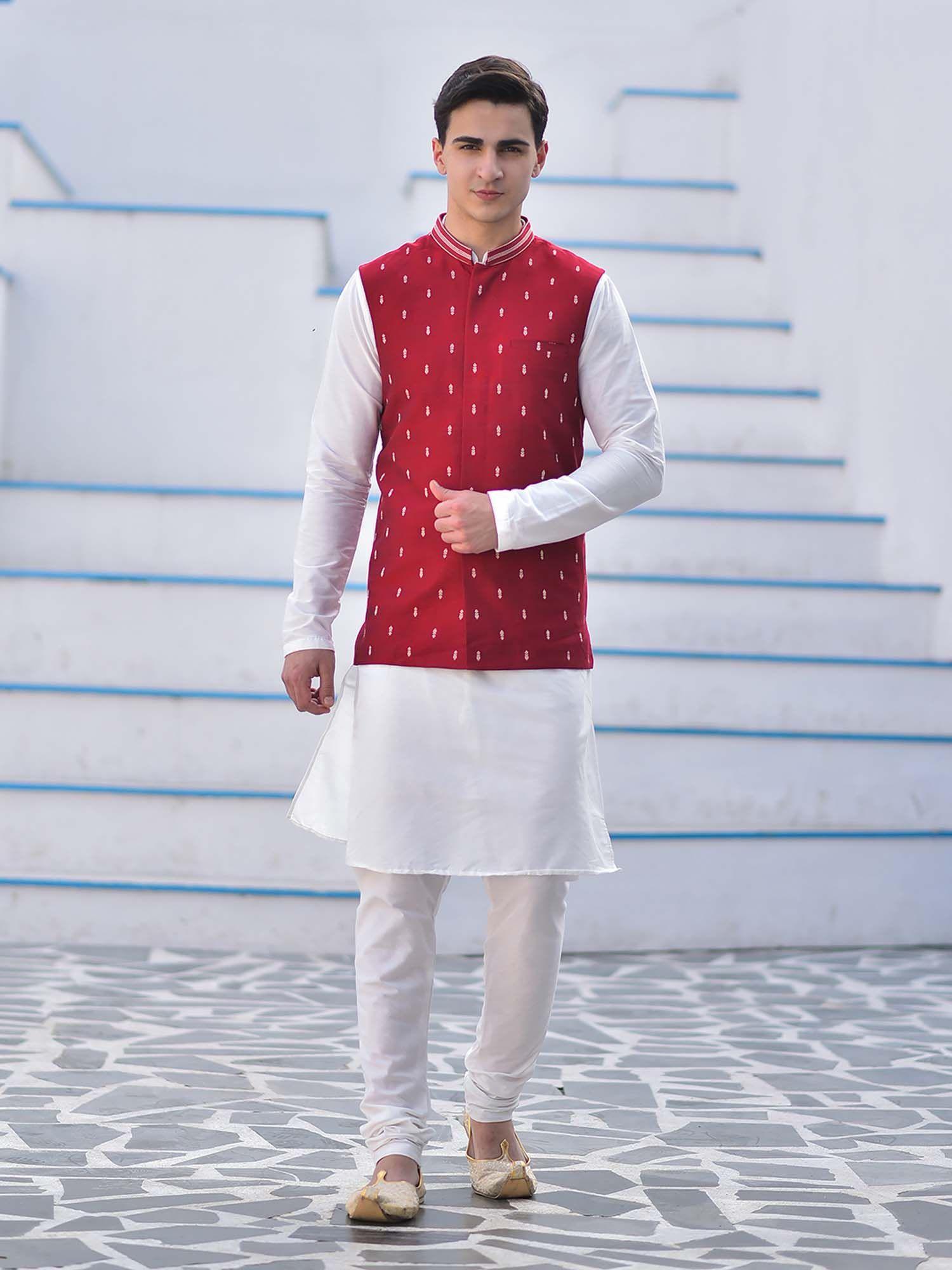 red cotton jacquard woven nehru jacket with kurta & churidar for men (set of 3)