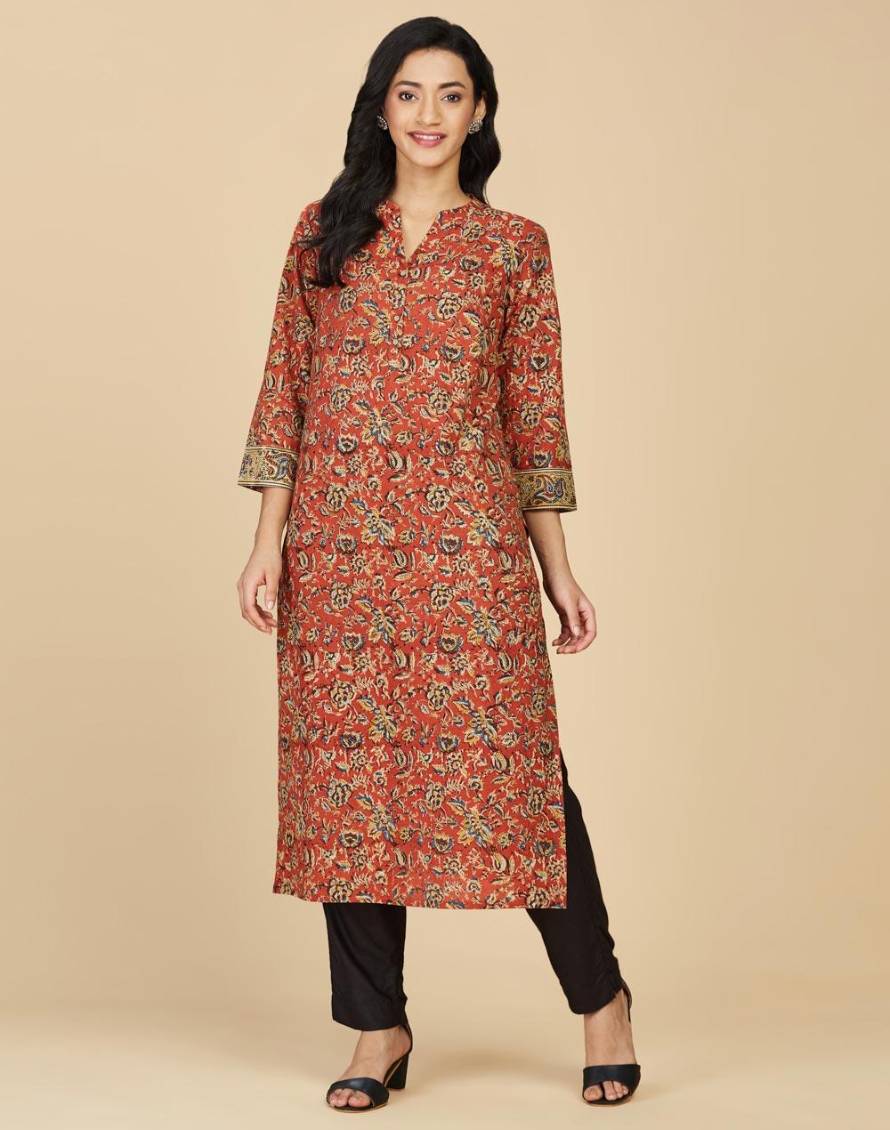 red cotton kalamkari printed long kurta