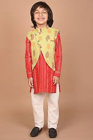 red cotton kurta set with bundi jacket for boys