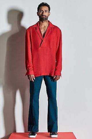 red cotton linen shirt with open collar