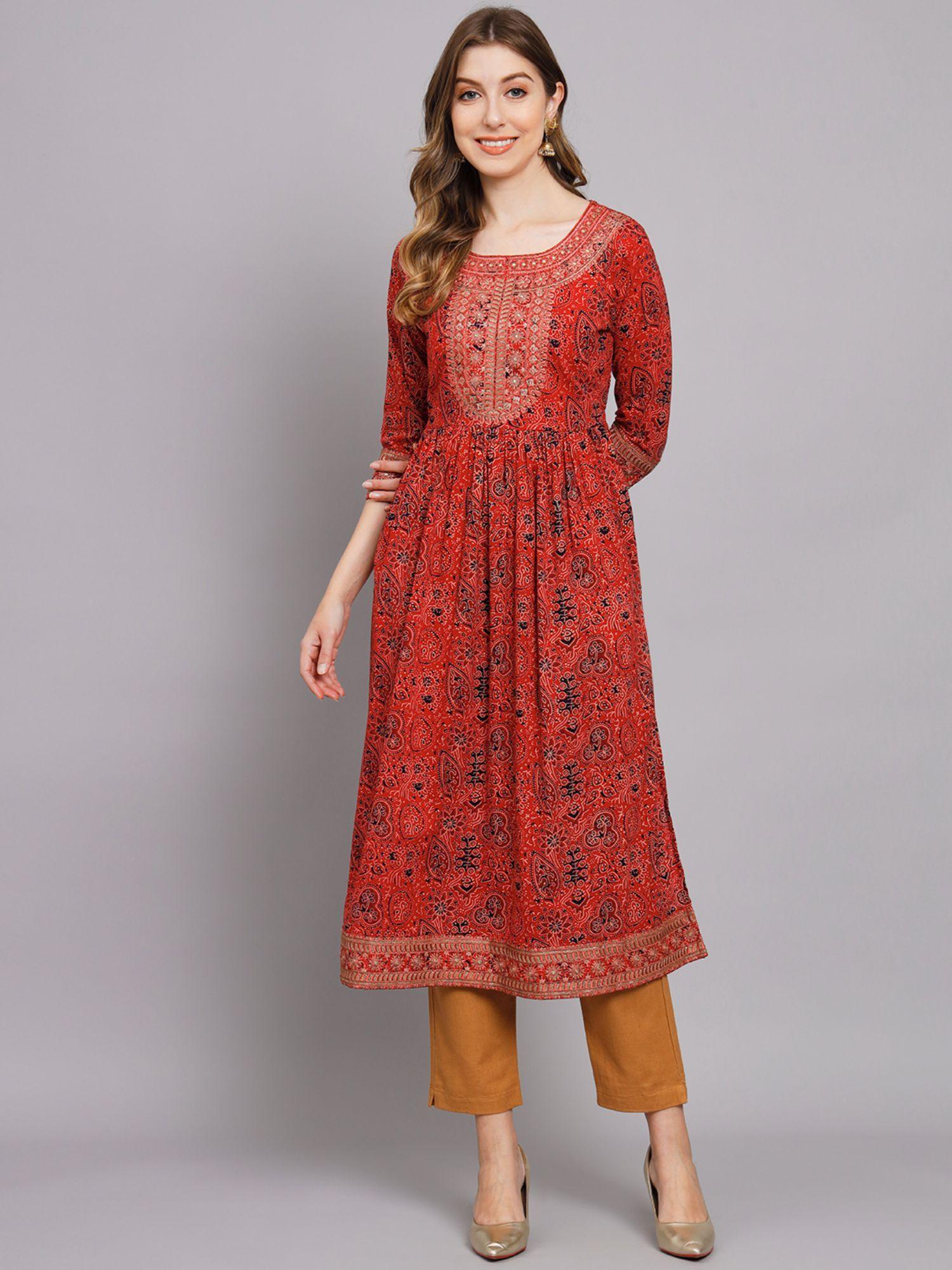 red cotton nyara cut a-line kurta