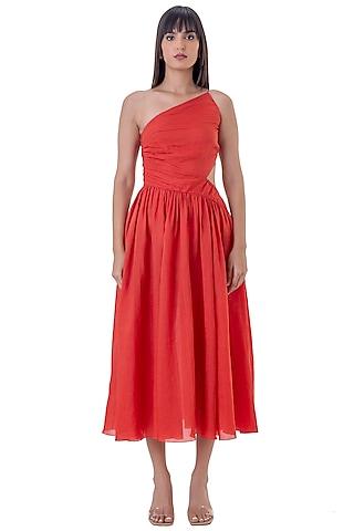 red cotton one-shoulder midi dress