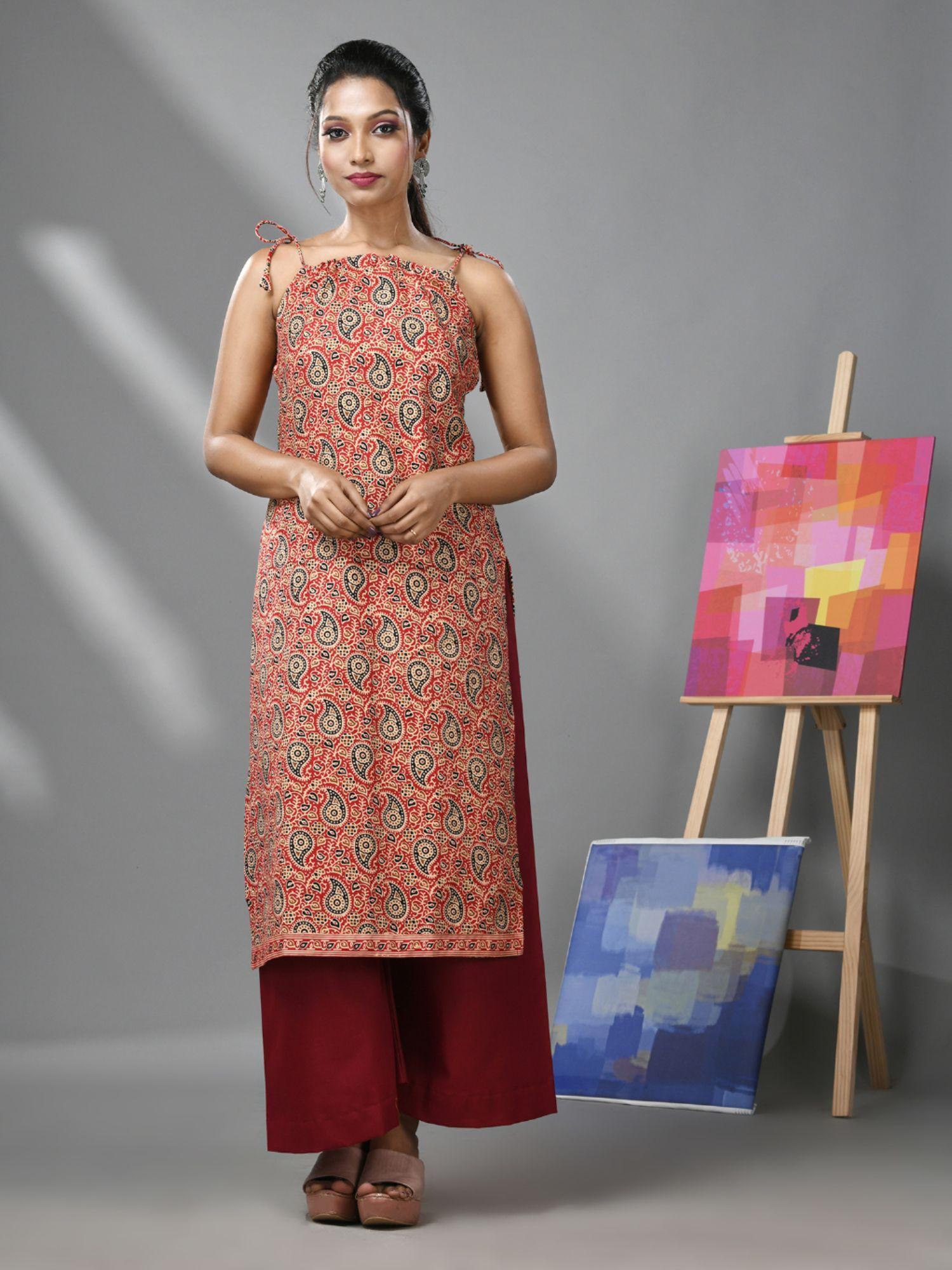 red cotton paisley printed kurta with noodle straps