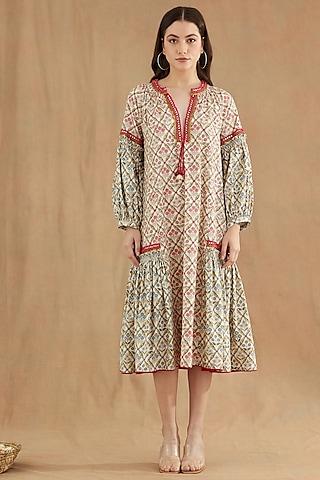 red cotton poplin printed & embroidered tunic dress