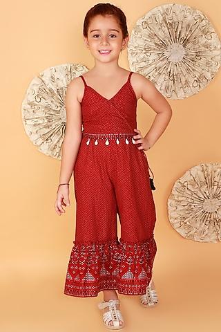 red cotton printed & embroidered jumpsuit for girls