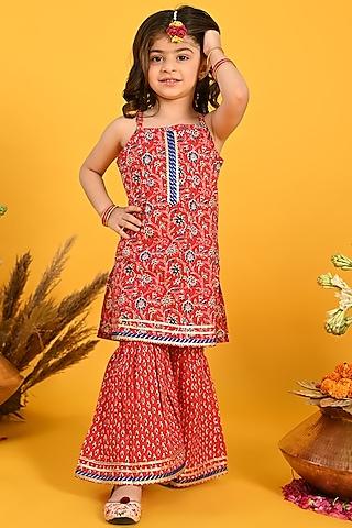red cotton printed & embroidered sharara set for girls