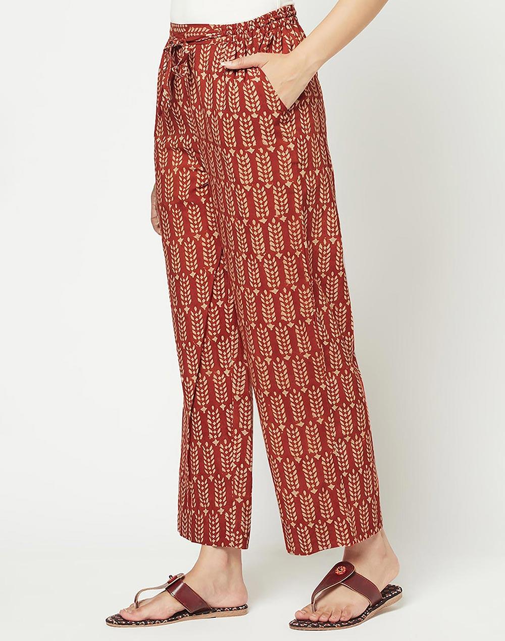 red cotton printed casual pant