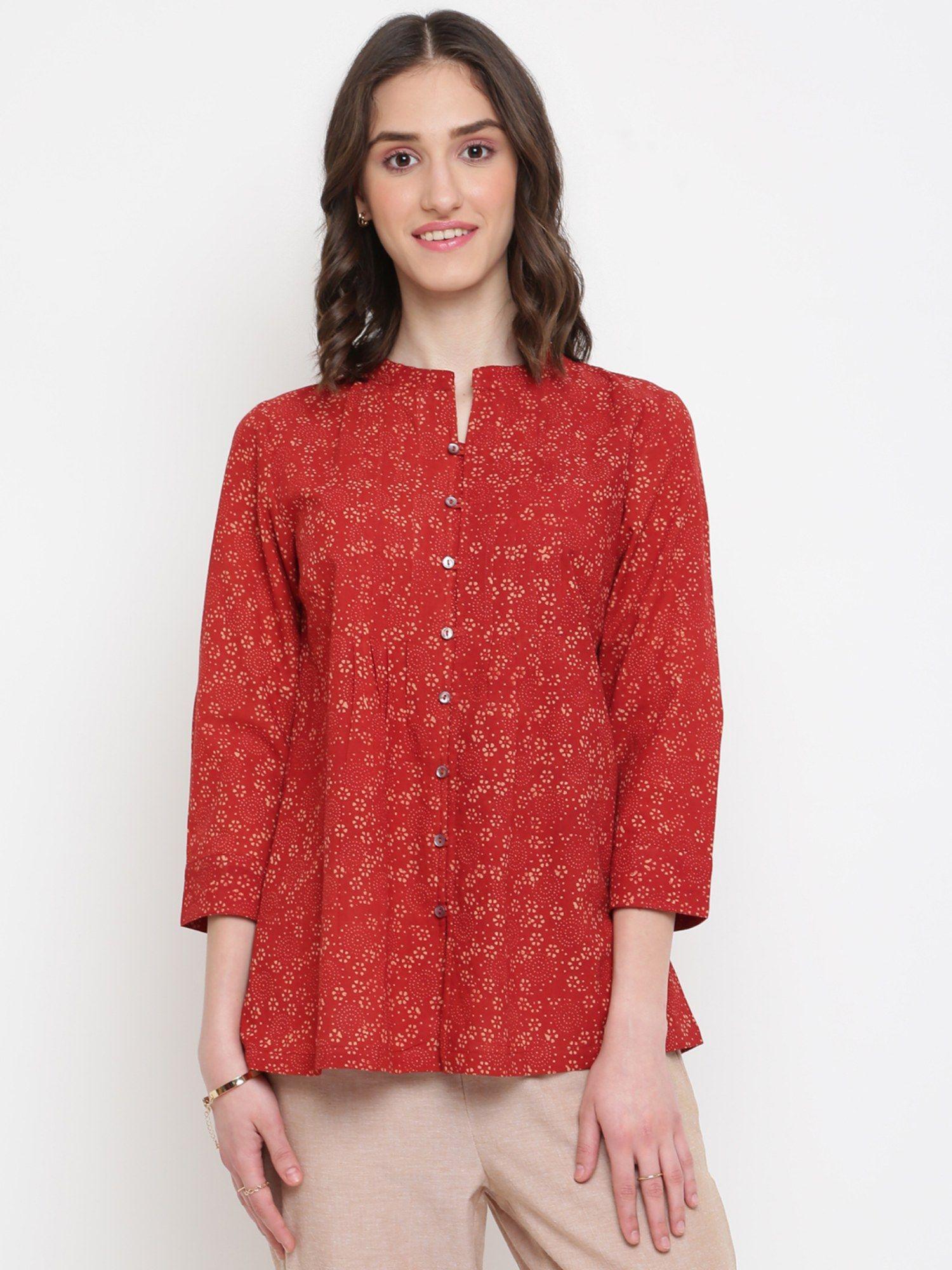 red cotton printed dabu top