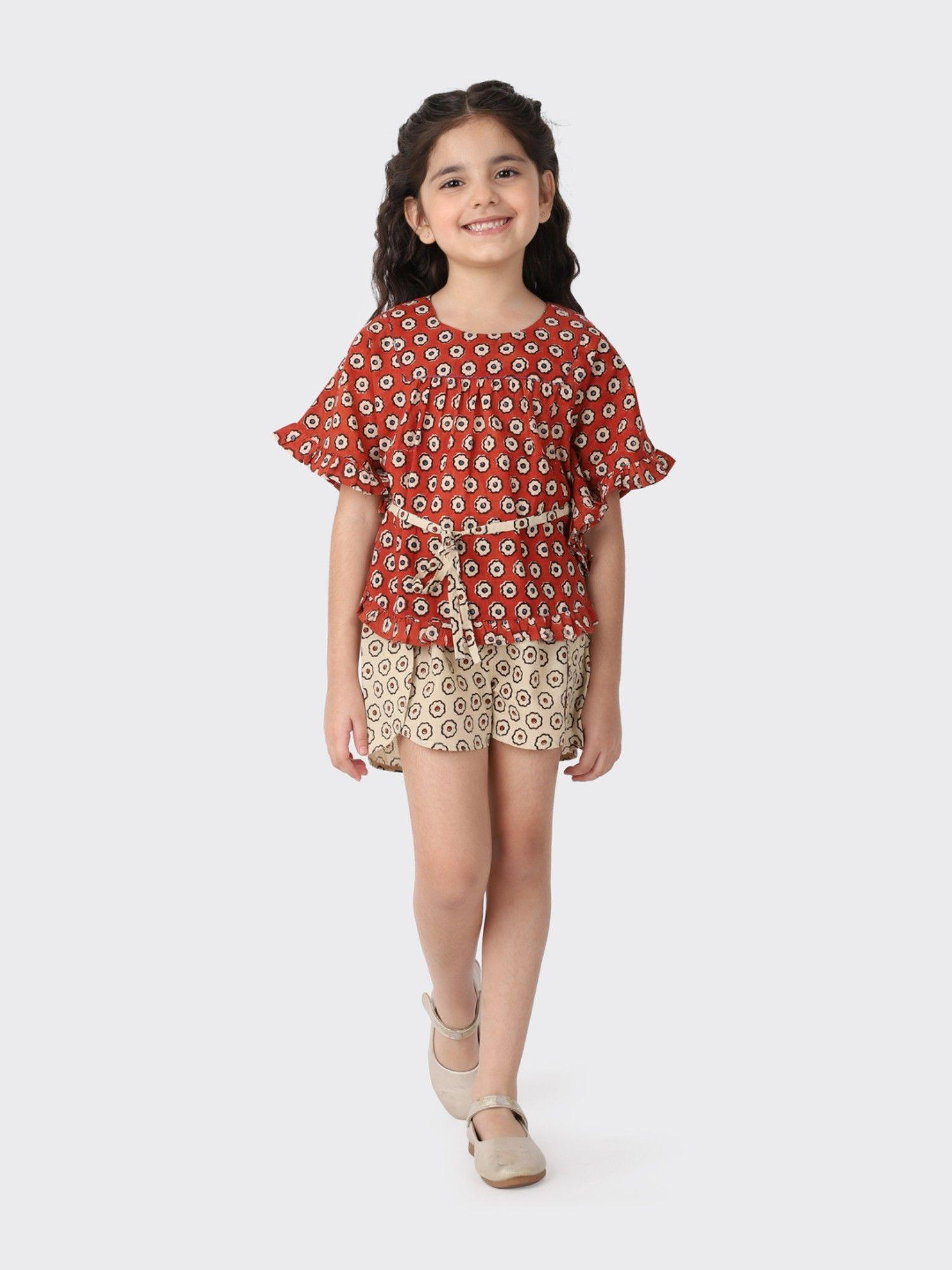 red cotton printed girl 2 piece (set of 3)