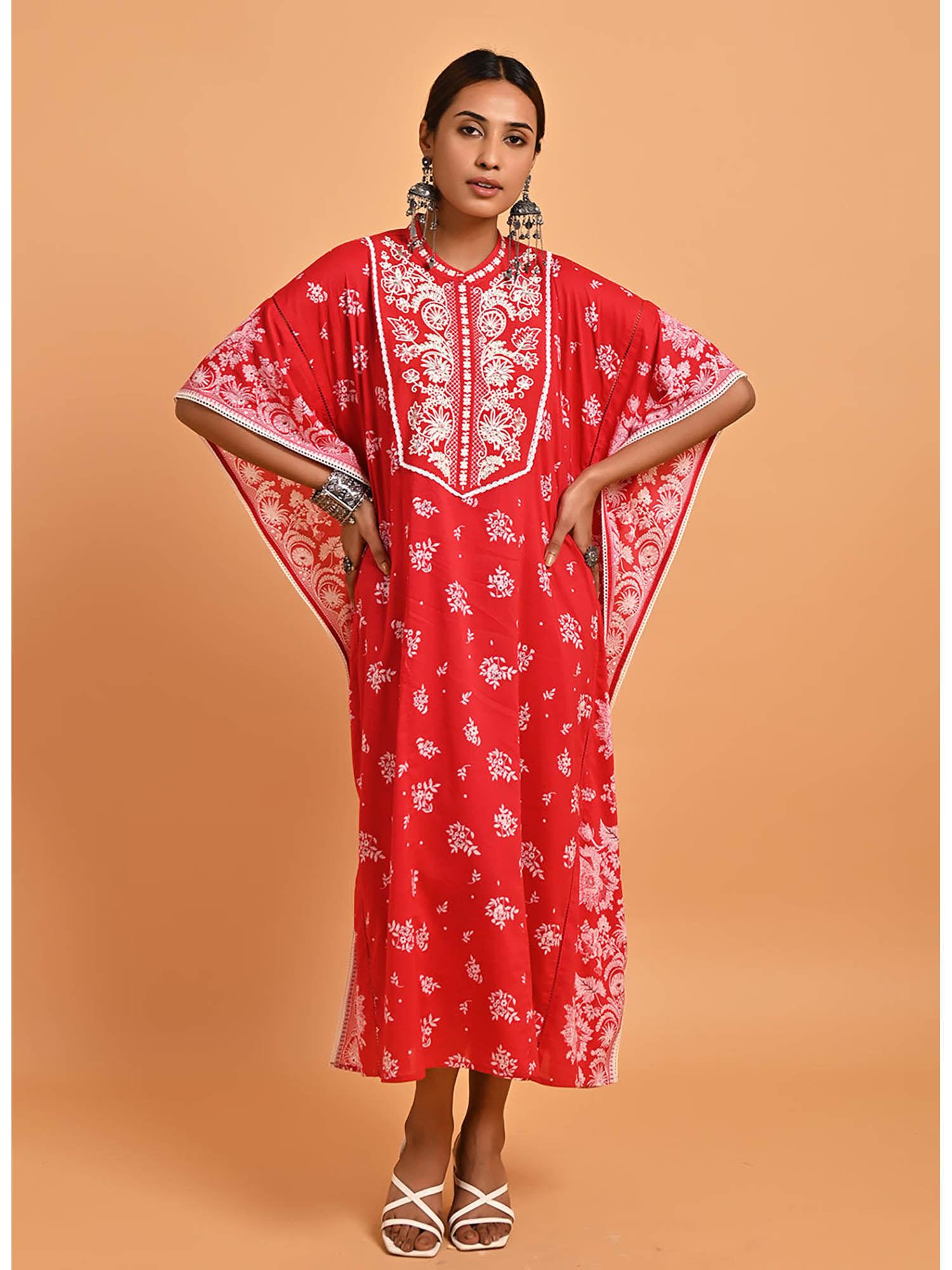 red cotton printed kaftan with embroidery