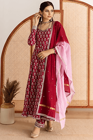 red cotton printed kalidar kurta set