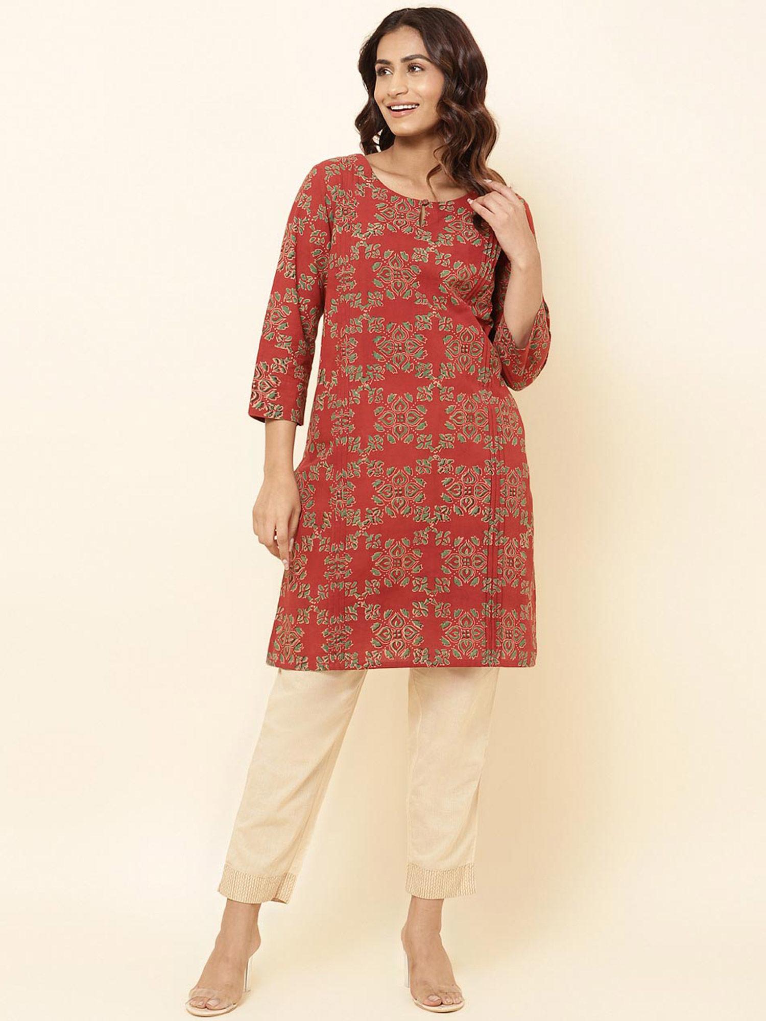 red cotton printed knee length kurta