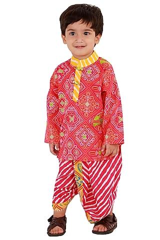 red cotton printed kurta set for boys