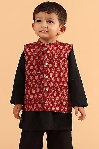 red cotton printed nehru jacket for boys