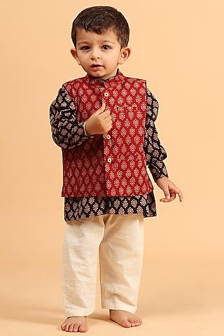 red cotton printed nehru jacket with kurta set for boys