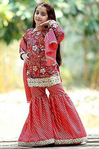 red cotton printed sharara set for girls