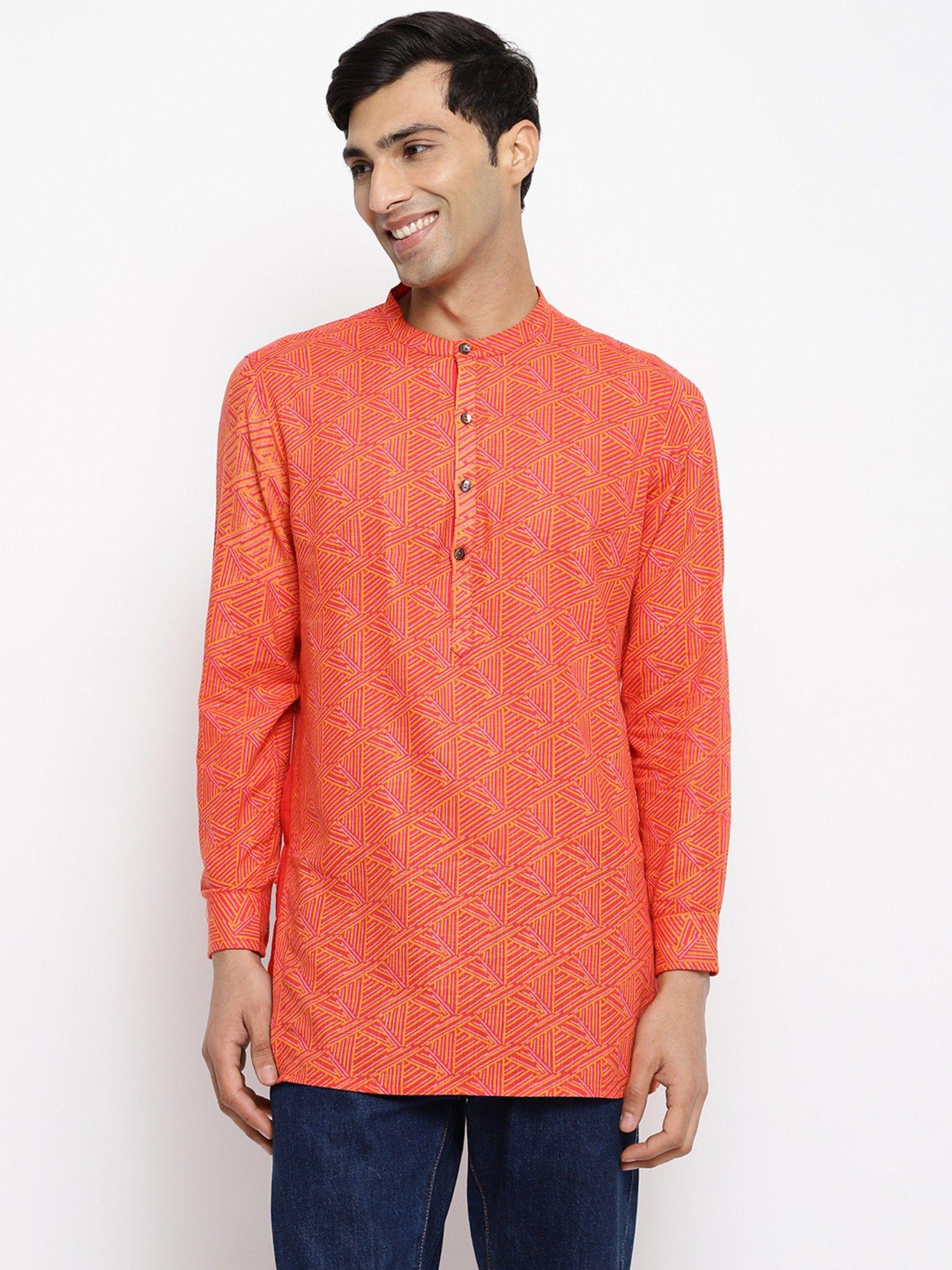 red cotton printed short kurta