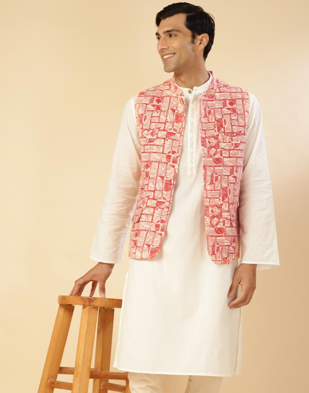 red cotton printed slim fit jacket nehru