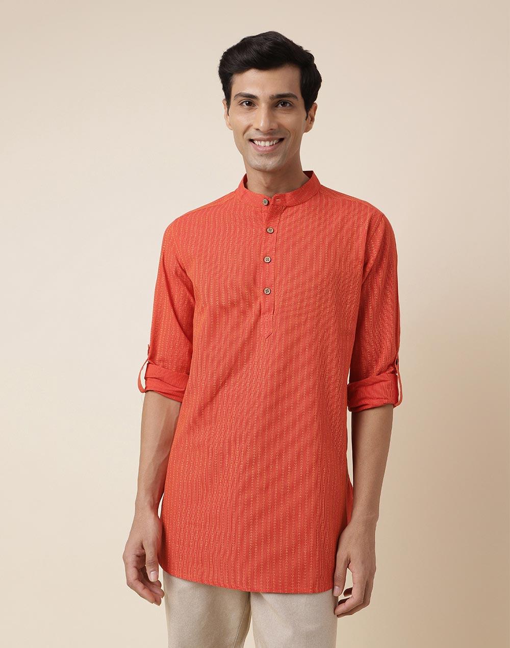 red cotton printed slim fit short kurta