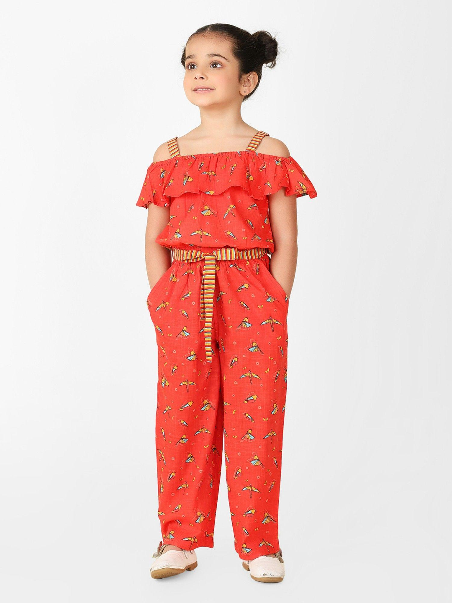 red cotton printed straight jumpsuit with belt (set of 2)
