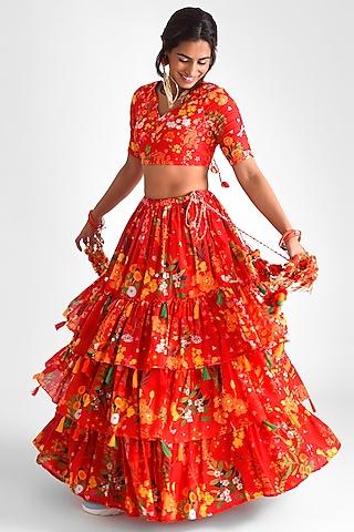 red cotton printed tiered lehenga set