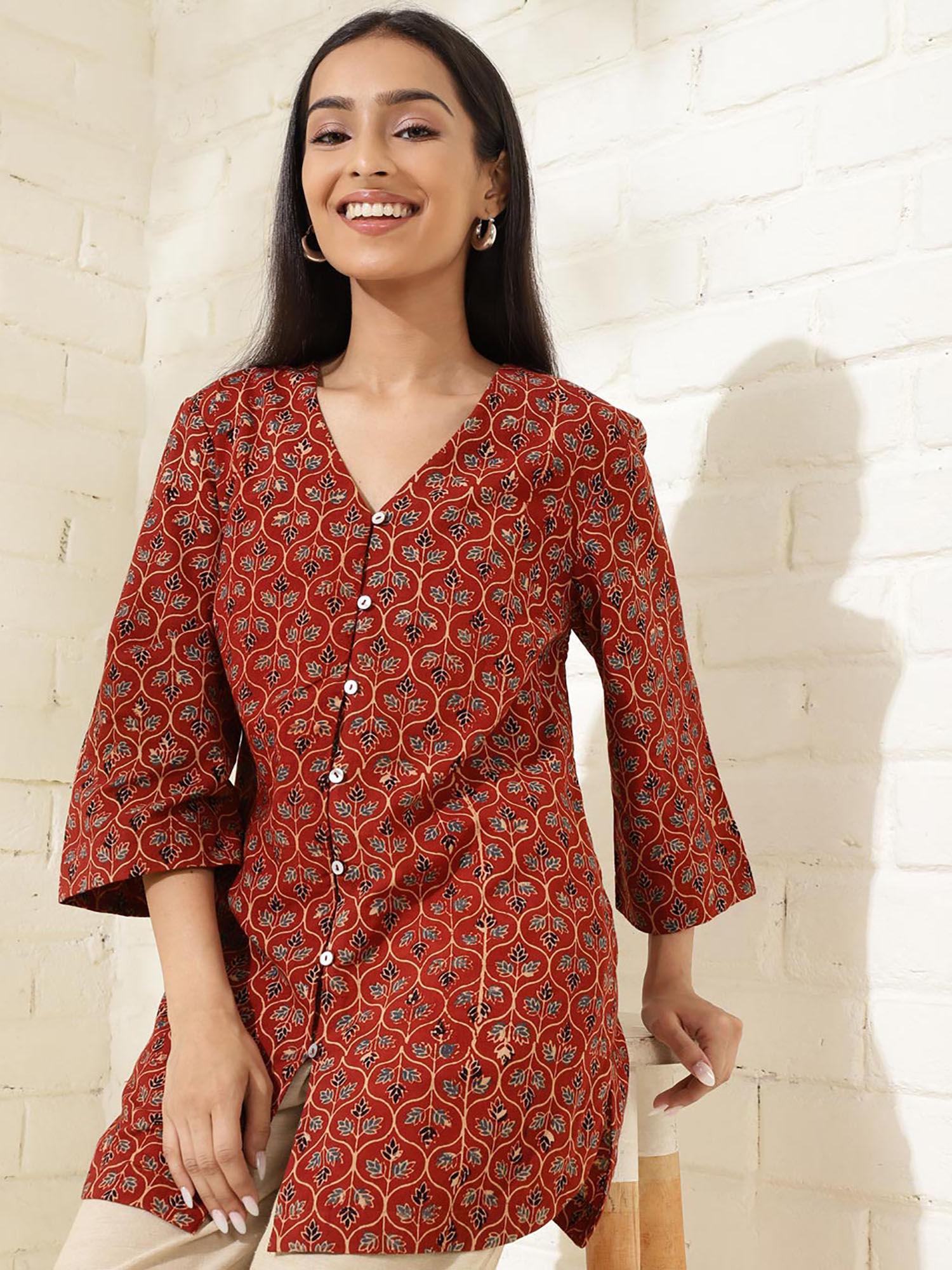 red cotton printed v-neck tunic