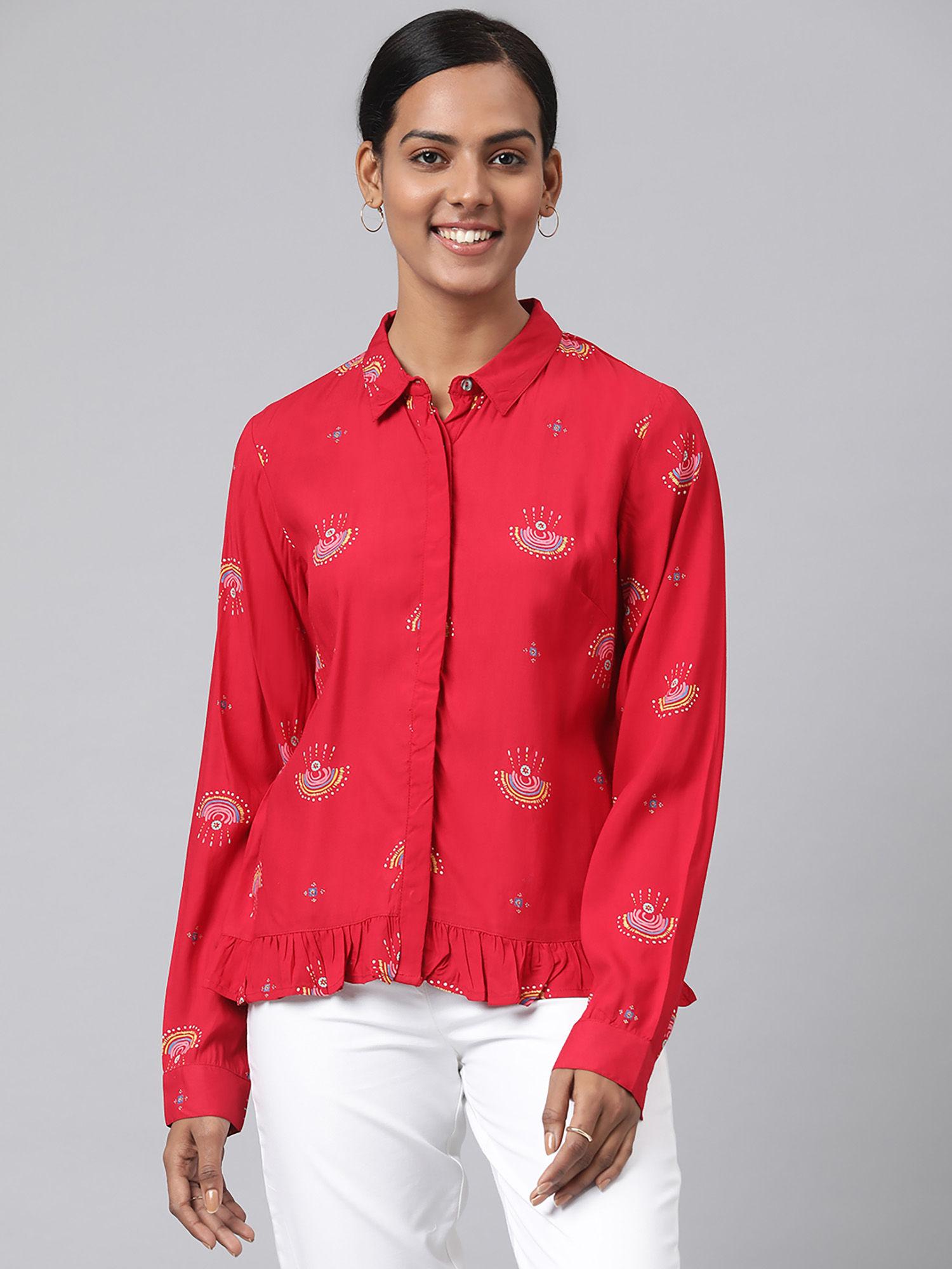 red cotton ruffled shirt