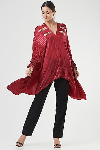 red cotton satin smocked tunic