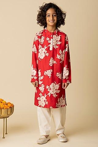 red cotton silk & cotton poplin printed kurta set for boys