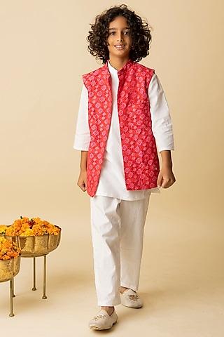 red cotton silk & cotton voile nehru jacket set for boys