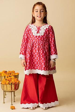 red cotton silk & cotton voile sharara set for girls