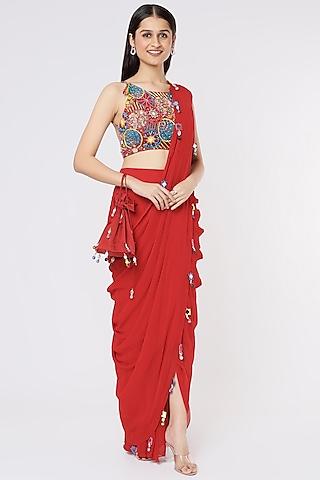 red cotton silk dhoti saree set