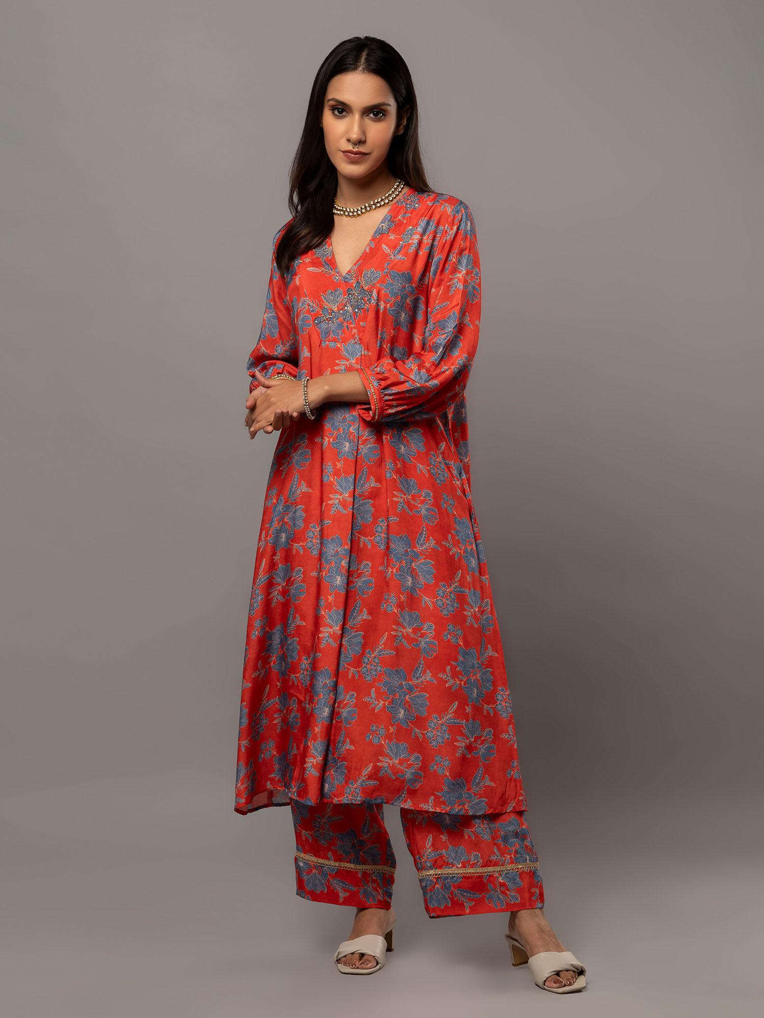 red cotton silk embellished kurta