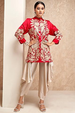 red cotton silk embroidered tunic set