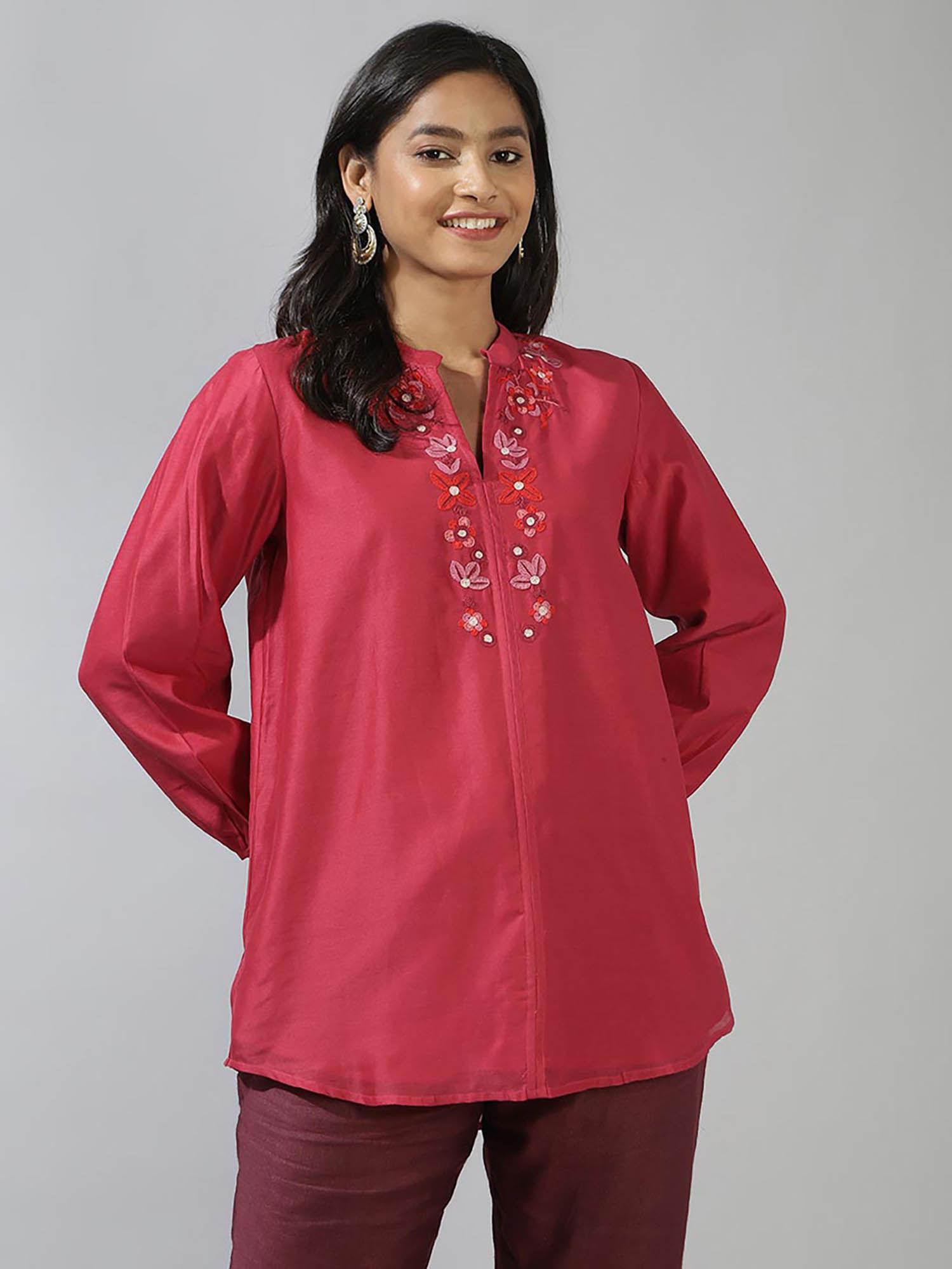 red cotton silk embroidered tunic