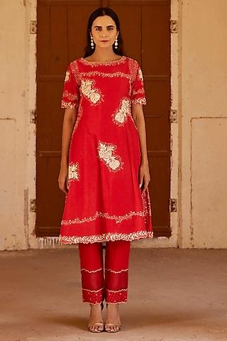 red cotton silk french knot embroidered kurta set