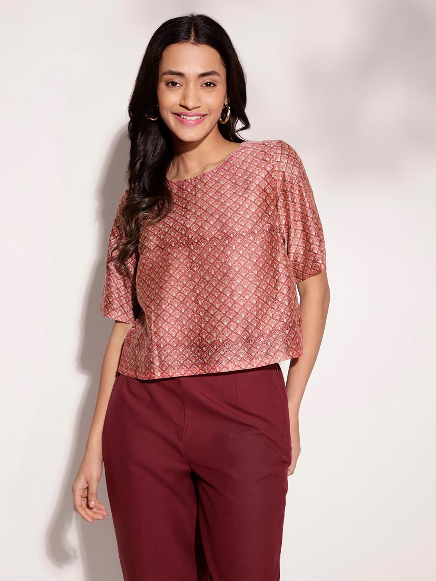 red cotton silk hand block printed regular top