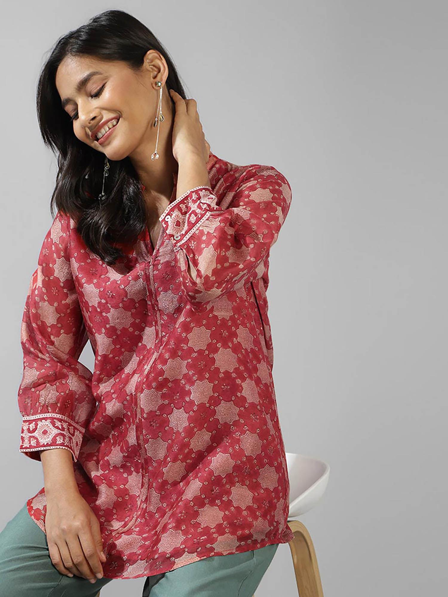 red cotton silk hand block printed tunic