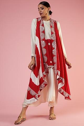 red cotton silk hand embroidered tie-dye cape set