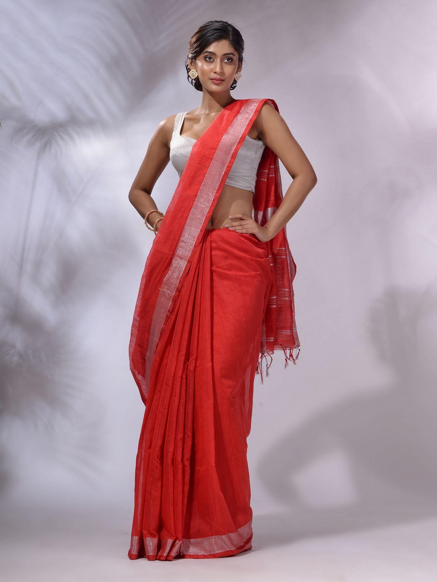 red cotton silk handwoven saree with unstitched blouse and zari woven stripes pallu