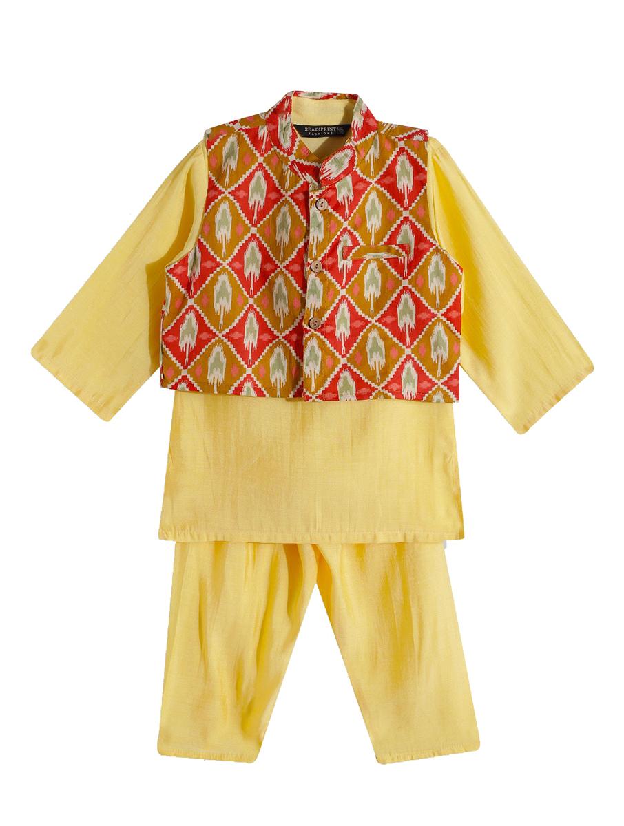 red cotton silk nehru jacket with kurta and pyjama (set of 3)