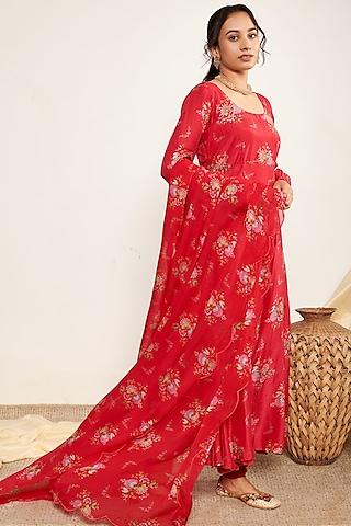 red cotton silk printed anarkali set